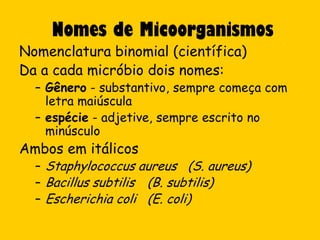 Nomes de Micoorganismos
Nomenclatura binomial (científica)
Da a cada micróbio dois nomes:
  – Gênero - substantivo, sempre começa com
    letra maiúscula
  – espécie - adjetive, sempre escrito no
    minúsculo
Ambos em itálicos
  – Staphylococcus aureus (S. aureus)
  – Bacillus subtilis (B. subtilis)
  – Escherichia coli (E. coli)
 