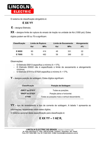 LINCOLN ELECTRIC DO BRASIL Indústria e Comércio Ltda.
Av. Papa João Paulo I no
1818 – CEP 07170-350 – Cumbica – Guarulhos – SP – Brasil
Fone: 55 11 6432 5600 - Fax: 55 11 6432 5335 – E-Mail: lincolnbr@lincolnelectric.com.br
O sistema de classificação obrigatório é:
E XX YY
E – designa Eletrodo;
XX – designa limite de ruptura do ensaio de tração na unidade de Ksi (1000 psi); Estes
dígitos podem ser 60 ou 70 e significam:
Classificação Limite de Ruptura Limite de Escoamento Alongamento
Ksi MPa Ksi MPa A%
E 60XX 60 414 48 331 22
E 70XX 70 482 58 399 22
Observações:
- O Eletrodo E6013 especifica o mínimo A = 17%;
- O Eletrodo E6022 não é especificado o limite de escoamento e alongamento
mínimos;
- O Eletrodo E7014 e E7024 especifica o mínimo A = 17%.
Y – designa posição de soldagem; Estes dígitos significam:
Classificação Posição de Soldagem
E601Y ou E701Y Todas as posições.
E602Y ou E702Y Posição plana e horizontal.
E7048 Todas as posições mais a vertical descendente.
YY – tipo de revestimento e tipo de corrente de soldagem. A tabela 1 apresenta as
informações necessárias sobre estes dígitos.
O sistema opcional desta especificação para classificação é:
E XX YY – 1 HZ R,
 