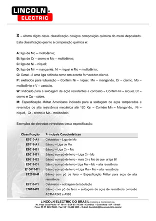 LINCOLN ELECTRIC DO BRASIL Indústria e Comércio Ltda.
Av. Papa João Paulo I no
1818 – CEP 07170-350 – Cumbica – Guarulhos – SP – Brasil
Fone: 55 11 6432 5600 - Fax: 55 11 6432 5335 – E-Mail: lincolnbr@lincolnelectric.com.br
X – último dígito desta classificação designa composição química do metal depositado.
Esta classificação quanto à composição química é:
A: liga de Mo – molibdênio;
B: liga de Cr – cromo e Mo – molibdênio;
C: liga de Ni – níquel;
D: liga de Mn – manganês, Ni – níquel e Mo – molibdênio;
G: Geral - é uma liga definida como um acordo fornecedor-cliente.
P: eletrodos para tubulação – Contêm Ni – níquel, Mn – manganês, Cr – cromo, Mo –
molibdênio e V – vanádio.
W: Indicado para a soldagem de aços resistentes a corrosão – Contêm Ni – níquel, Cr –
cromo e Cu – cobre.
M: Especificação Militar Americana indicado para a soldagem de aços temperados e
revenidos de alta resistência mecânica até 120 Ksi – Contêm Mn – Manganês, Ni –
níquel, Cr - cromo e Mo - molibdênio.
Exemplos de eletrodos revestidos desta especificação:
Classificação Principais CaracterÍsticas
E7010-A1 Celulósico – Liga de Mo
E7018-A1 Básico – Liga de Mo
E8016-B1 Básico – Liga Cr – Mo
E8018-B1 Básico com pó de ferro – Liga Cr - Mo
E8018-B2 Básico com pó de ferro - mais Cr e Mo do que a liga B1
E9018-D1 Básico com pó de ferro– Liga Mn – Mo – alta resistência
E10018-D1 Básico com pó de ferro – Liga Mn – Mo – alta resistência
E12018-M Básico com pó de ferro – Especificação Militar para aços de alta
resistência
E7010-P1 Celulósico – soldagem de tubulação
E7018-W1 Básico com pó de ferro – soldagem de aços de resistência corrosão
ASTM A242 e A588
 