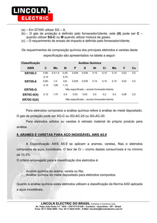 LINCOLN ELECTRIC DO BRASIL Indústria e Comércio Ltda.
Av. Papa João Paulo I no
1818 – CEP 07170-350 – Cumbica – Guarulhos – SP – Brasil
Fone: 55 11 6432 5600 - Fax: 55 11 6432 5335 – E-Mail: lincolnbr@lincolnelectric.com.br
(a) – Em GTAW utilizar SG – A,
(b) – O gás de proteção é definido pelo fornecedor/cliente, este (X) pode ser C –
quando utilizar SG-C ou M quando utilizar mistura de gases.
(c) – O requerimento de ensaio de impacto é definido pelo fornecedor/cliente.
Os requerimentos de composição química dos principais eletrodos e varetas desta
especificação são apresentados na tabela a seguir:
Classificação Análise Química
AWS C Mn Si P S Ni Cr Mo V Cu
ER70S-3 0,06-
0,15
0,9-1,4 0,45-
0,75
0,025 0,035 0,15 0,15 0,15 0,03 0,5
ER70S-6 0,06-
0,15
1,4-
1,85
0,8-
1,15
0,025 0,035 0,15 0,15 0,15 0,03 0,5
ER70S-G Não especificado – acordo fornecedor/cliente.
ER70C-6(X) 0,12 1,75 0,9 0,03 0,03 0,5 0,2 0,3 0,08 0,5
ER70C-G(X) Não especificado – acordo fornecedor/cliente.
Para eletrodos compostos a análise química refere à análise do metal depositado.
O gás de proteção pode ser SG-C ou SG-AC-25 ou SG-AC-20.
Para eletrodos sólidos ou varetas é retirado material do próprio produto para
análise.
9. ARAMES E VARETAS PARA AÇO INOXIDÁVEL AWS A5.9
A Especificação AWS A5.9 se aplicam a arames, varetas, fitas e eletrodos
compostos de aços inoxidáveis. O teor de Cr – cromo destes consumíveis é no mínimo
de 10,5%.
O critério empregado para a classificação dos eletrodos é:
- Análise química do arame, vareta ou fita;
- Análise química do metal depositado para eletrodos compostos.
Quanto à análise química estes eletrodos utilizam a classificação da Norma AISI aplicada
a aços inoxidáveis.
 