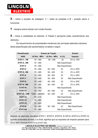 LINCOLN ELECTRIC DO BRASIL Indústria e Comércio Ltda.
Av. Papa João Paulo I no
1818 – CEP 07170-350 – Cumbica – Guarulhos – SP – Brasil
Fone: 55 11 6432 5600 - Fax: 55 11 6432 5335 – E-Mail: lincolnbr@lincolnelectric.com.br
X – indica a posição de soldagem: 1 – todas as posições e 0 – posição plana e
horizontal.
T – designa arame tubular com núcleo fluxado.
X – indica a usabilidade do eletrodo. A Tabela 2 apresenta estas características dos
eletrodos.
Os requerimentos de propriedades mecânicas dos principais eletrodos tubulares
desta especificação são apresentados na tabela a seguir:
Classificação Ensaio de Tração Ensaio
AWS LR Ksi – MPa LE Ksi – MPa A (%) Impacto
E7XT-1, -1M 70 – 480 58 – 400 22 27J a -18°C
E7XT-2, -2M 70 – 480
E7XT-3 70 – 480
Não Especificado
Não Especificado
E7XT-4 70 – 480 58 – 400 22 27J a -29°C
E7XT-5, -5M 70 – 480 58 – 400 22 27J a -29°C
E7XT-6 70 – 480 58 – 400 22 27J a -29°C
E7XT-7 70 – 480 58 – 400 22 Não Especificado
E7XT-8 70 – 480 58 – 400 22 27J a -29°C
E7XT-9, -9M 70 – 480 58 – 400 22 27J a -29°C
E7XT-10 70 – 480 Não Especificado
E7XT-11 70 – 480 58 – 400 22 Não Especificado
E7XT-12, -12M 70/90 – 480/620 58 – 400 22 27J a -29°C
E6XT-13 60 – 415 Não Especificado
E7XT-13 70 – 480 Não Especificado
E7XT-14 70 – 480 Não Especificado
E7XT-G 70 – 480 58 – 400 22 Não Especificado
E7XT-GS 70 – 480 Não Especificado
Quando os eletrodos tubulares E7XT-1, E7XT-5, E7XT-6, E-7XT-8, E7XT-9 e E7XT-12
quando acrescidos da letra J no final, significa que os requisitos de impacto passam para
27J a -40°C. Exemplo E7XT-1J ou E7XT-1MJ.
 