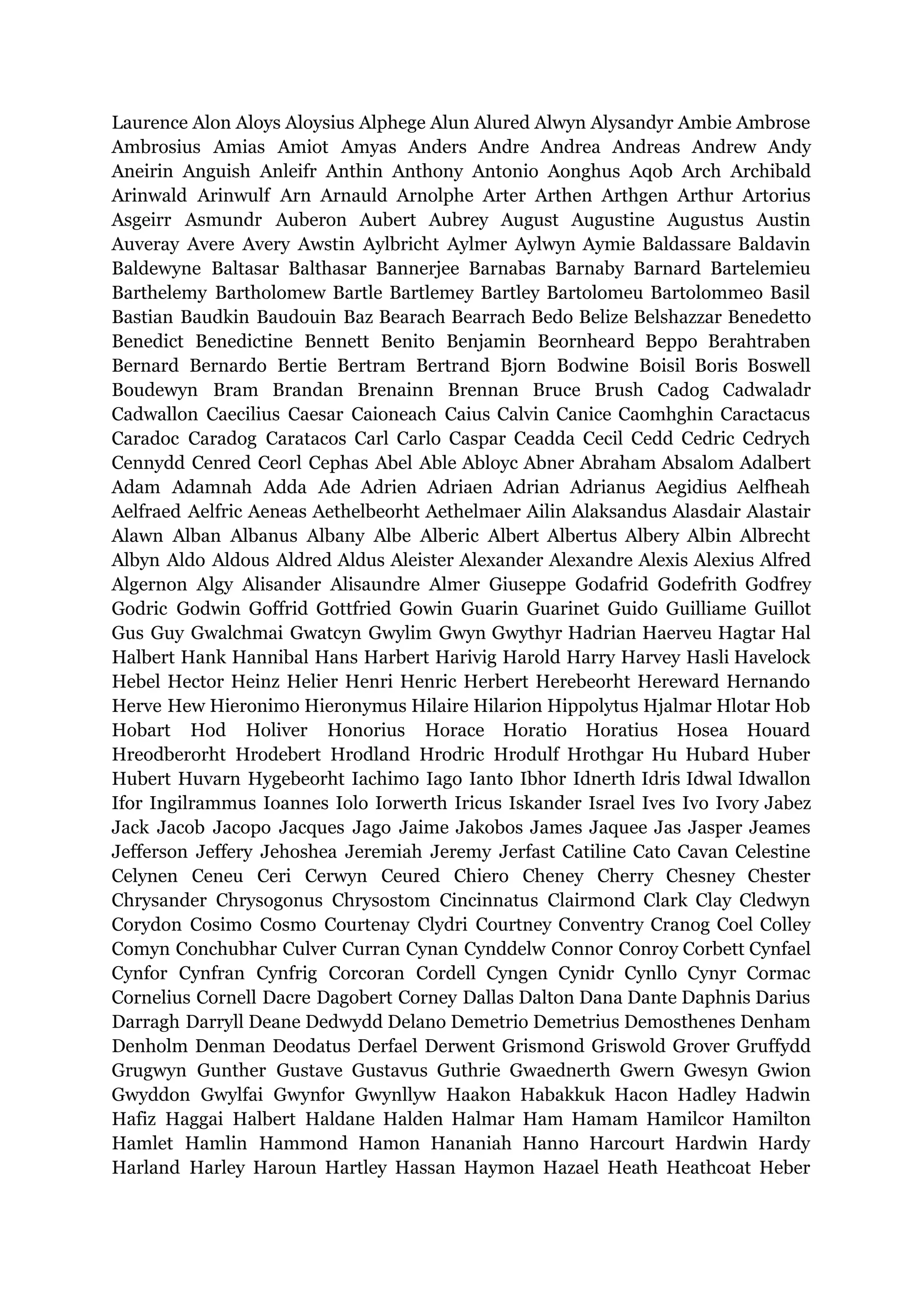 Laurence Alon Aloys Aloysius Alphege Alun Alured Alwyn Alysandyr Ambie Ambrose
Ambrosius Amias Amiot Amyas Anders Andre Andrea Andreas Andrew Andy
Aneirin Anguish Anleifr Anthin Anthony Antonio Aonghus Aqob Arch Archibald
Arinwald Arinwulf Arn Arnauld Arnolphe Arter Arthen Arthgen Arthur Artorius
Asgeirr Asmundr Auberon Aubert Aubrey August Augustine Augustus Austin
Auveray Avere Avery Awstin Aylbricht Aylmer Aylwyn Aymie Baldassare Baldavin
Baldewyne Baltasar Balthasar Bannerjee Barnabas Barnaby Barnard Bartelemieu
Barthelemy Bartholomew Bartle Bartlemey Bartley Bartolomeu Bartolommeo Basil
Bastian Baudkin Baudouin Baz Bearach Bearrach Bedo Belize Belshazzar Benedetto
Benedict Benedictine Bennett Benito Benjamin Beornheard Beppo Berahtraben
Bernard Bernardo Bertie Bertram Bertrand Bjorn Bodwine Boisil Boris Boswell
Boudewyn Bram Brandan Brenainn Brennan Bruce Brush Cadog Cadwaladr
Cadwallon Caecilius Caesar Caioneach Caius Calvin Canice Caomhghin Caractacus
Caradoc Caradog Caratacos Carl Carlo Caspar Ceadda Cecil Cedd Cedric Cedrych
Cennydd Cenred Ceorl Cephas Abel Able Abloyc Abner Abraham Absalom Adalbert
Adam Adamnah Adda Ade Adrien Adriaen Adrian Adrianus Aegidius Aelfheah
Aelfraed Aelfric Aeneas Aethelbeorht Aethelmaer Ailin Alaksandus Alasdair Alastair
Alawn Alban Albanus Albany Albe Alberic Albert Albertus Albery Albin Albrecht
Albyn Aldo Aldous Aldred Aldus Aleister Alexander Alexandre Alexis Alexius Alfred
Algernon Algy Alisander Alisaundre Almer Giuseppe Godafrid Godefrith Godfrey
Godric Godwin Goffrid Gottfried Gowin Guarin Guarinet Guido Guilliame Guillot
Gus Guy Gwalchmai Gwatcyn Gwylim Gwyn Gwythyr Hadrian Haerveu Hagtar Hal
Halbert Hank Hannibal Hans Harbert Harivig Harold Harry Harvey Hasli Havelock
Hebel Hector Heinz Helier Henri Henric Herbert Herebeorht Hereward Hernando
Herve Hew Hieronimo Hieronymus Hilaire Hilarion Hippolytus Hjalmar Hlotar Hob
Hobart Hod Holiver Honorius Horace Horatio Horatius Hosea Houard
Hreodberorht Hrodebert Hrodland Hrodric Hrodulf Hrothgar Hu Hubard Huber
Hubert Huvarn Hygebeorht Iachimo Iago Ianto Ibhor Idnerth Idris Idwal Idwallon
Ifor Ingilrammus Ioannes Iolo Iorwerth Iricus Iskander Israel Ives Ivo Ivory Jabez
Jack Jacob Jacopo Jacques Jago Jaime Jakobos James Jaquee Jas Jasper Jeames
Jefferson Jeffery Jehoshea Jeremiah Jeremy Jerfast Catiline Cato Cavan Celestine
Celynen Ceneu Ceri Cerwyn Ceured Chiero Cheney Cherry Chesney Chester
Chrysander Chrysogonus Chrysostom Cincinnatus Clairmond Clark Clay Cledwyn
Corydon Cosimo Cosmo Courtenay Clydri Courtney Conventry Cranog Coel Colley
Comyn Conchubhar Culver Curran Cynan Cynddelw Connor Conroy Corbett Cynfael
Cynfor Cynfran Cynfrig Corcoran Cordell Cyngen Cynidr Cynllo Cynyr Cormac
Cornelius Cornell Dacre Dagobert Corney Dallas Dalton Dana Dante Daphnis Darius
Darragh Darryll Deane Dedwydd Delano Demetrio Demetrius Demosthenes Denham
Denholm Denman Deodatus Derfael Derwent Grismond Griswold Grover Gruffydd
Grugwyn Gunther Gustave Gustavus Guthrie Gwaednerth Gwern Gwesyn Gwion
Gwyddon Gwylfai Gwynfor Gwynllyw Haakon Habakkuk Hacon Hadley Hadwin
Hafiz Haggai Halbert Haldane Halden Halmar Ham Hamam Hamilcor Hamilton
Hamlet Hamlin Hammond Hamon Hananiah Hanno Harcourt Hardwin Hardy
Harland Harley Haroun Hartley Hassan Haymon Hazael Heath Heathcoat Heber
 