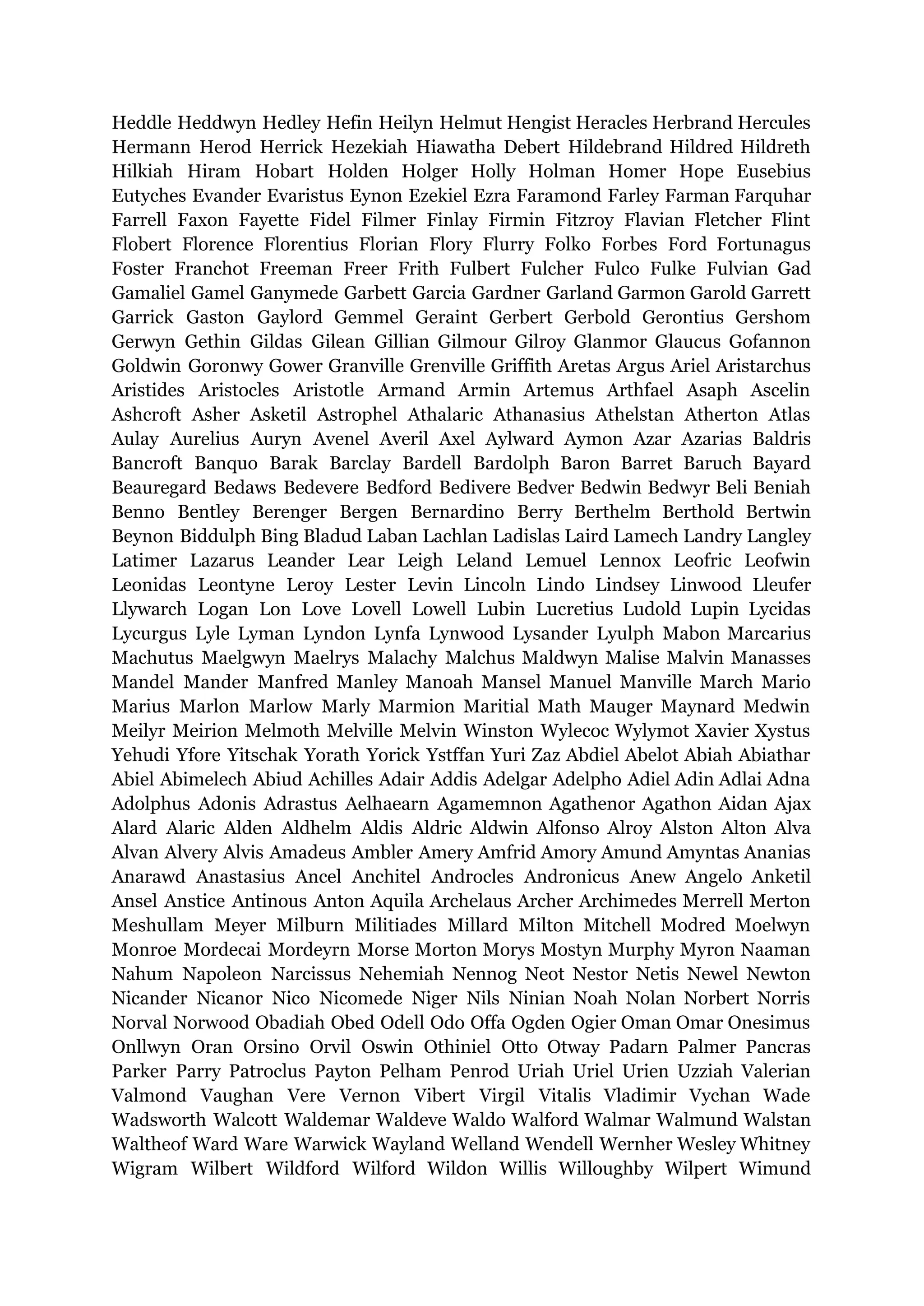 Heddle Heddwyn Hedley Hefin Heilyn Helmut Hengist Heracles Herbrand Hercules
Hermann Herod Herrick Hezekiah Hiawatha Debert Hildebrand Hildred Hildreth
Hilkiah Hiram Hobart Holden Holger Holly Holman Homer Hope Eusebius
Eutyches Evander Evaristus Eynon Ezekiel Ezra Faramond Farley Farman Farquhar
Farrell Faxon Fayette Fidel Filmer Finlay Firmin Fitzroy Flavian Fletcher Flint
Flobert Florence Florentius Florian Flory Flurry Folko Forbes Ford Fortunagus
Foster Franchot Freeman Freer Frith Fulbert Fulcher Fulco Fulke Fulvian Gad
Gamaliel Gamel Ganymede Garbett Garcia Gardner Garland Garmon Garold Garrett
Garrick Gaston Gaylord Gemmel Geraint Gerbert Gerbold Gerontius Gershom
Gerwyn Gethin Gildas Gilean Gillian Gilmour Gilroy Glanmor Glaucus Gofannon
Goldwin Goronwy Gower Granville Grenville Griffith Aretas Argus Ariel Aristarchus
Aristides Aristocles Aristotle Armand Armin Artemus Arthfael Asaph Ascelin
Ashcroft Asher Asketil Astrophel Athalaric Athanasius Athelstan Atherton Atlas
Aulay Aurelius Auryn Avenel Averil Axel Aylward Aymon Azar Azarias Baldris
Bancroft Banquo Barak Barclay Bardell Bardolph Baron Barret Baruch Bayard
Beauregard Bedaws Bedevere Bedford Bedivere Bedver Bedwin Bedwyr Beli Beniah
Benno Bentley Berenger Bergen Bernardino Berry Berthelm Berthold Bertwin
Beynon Biddulph Bing Bladud Laban Lachlan Ladislas Laird Lamech Landry Langley
Latimer Lazarus Leander Lear Leigh Leland Lemuel Lennox Leofric Leofwin
Leonidas Leontyne Leroy Lester Levin Lincoln Lindo Lindsey Linwood Lleufer
Llywarch Logan Lon Love Lovell Lowell Lubin Lucretius Ludold Lupin Lycidas
Lycurgus Lyle Lyman Lyndon Lynfa Lynwood Lysander Lyulph Mabon Marcarius
Machutus Maelgwyn Maelrys Malachy Malchus Maldwyn Malise Malvin Manasses
Mandel Mander Manfred Manley Manoah Mansel Manuel Manville March Mario
Marius Marlon Marlow Marly Marmion Maritial Math Mauger Maynard Medwin
Meilyr Meirion Melmoth Melville Melvin Winston Wylecoc Wylymot Xavier Xystus
Yehudi Yfore Yitschak Yorath Yorick Ystffan Yuri Zaz Abdiel Abelot Abiah Abiathar
Abiel Abimelech Abiud Achilles Adair Addis Adelgar Adelpho Adiel Adin Adlai Adna
Adolphus Adonis Adrastus Aelhaearn Agamemnon Agathenor Agathon Aidan Ajax
Alard Alaric Alden Aldhelm Aldis Aldric Aldwin Alfonso Alroy Alston Alton Alva
Alvan Alvery Alvis Amadeus Ambler Amery Amfrid Amory Amund Amyntas Ananias
Anarawd Anastasius Ancel Anchitel Androcles Andronicus Anew Angelo Anketil
Ansel Anstice Antinous Anton Aquila Archelaus Archer Archimedes Merrell Merton
Meshullam Meyer Milburn Militiades Millard Milton Mitchell Modred Moelwyn
Monroe Mordecai Mordeyrn Morse Morton Morys Mostyn Murphy Myron Naaman
Nahum Napoleon Narcissus Nehemiah Nennog Neot Nestor Netis Newel Newton
Nicander Nicanor Nico Nicomede Niger Nils Ninian Noah Nolan Norbert Norris
Norval Norwood Obadiah Obed Odell Odo Offa Ogden Ogier Oman Omar Onesimus
Onllwyn Oran Orsino Orvil Oswin Othiniel Otto Otway Padarn Palmer Pancras
Parker Parry Patroclus Payton Pelham Penrod Uriah Uriel Urien Uzziah Valerian
Valmond Vaughan Vere Vernon Vibert Virgil Vitalis Vladimir Vychan Wade
Wadsworth Walcott Waldemar Waldeve Waldo Walford Walmar Walmund Walstan
Waltheof Ward Ware Warwick Wayland Welland Wendell Wernher Wesley Whitney
Wigram Wilbert Wildford Wilford Wildon Willis Willoughby Wilpert Wimund
 