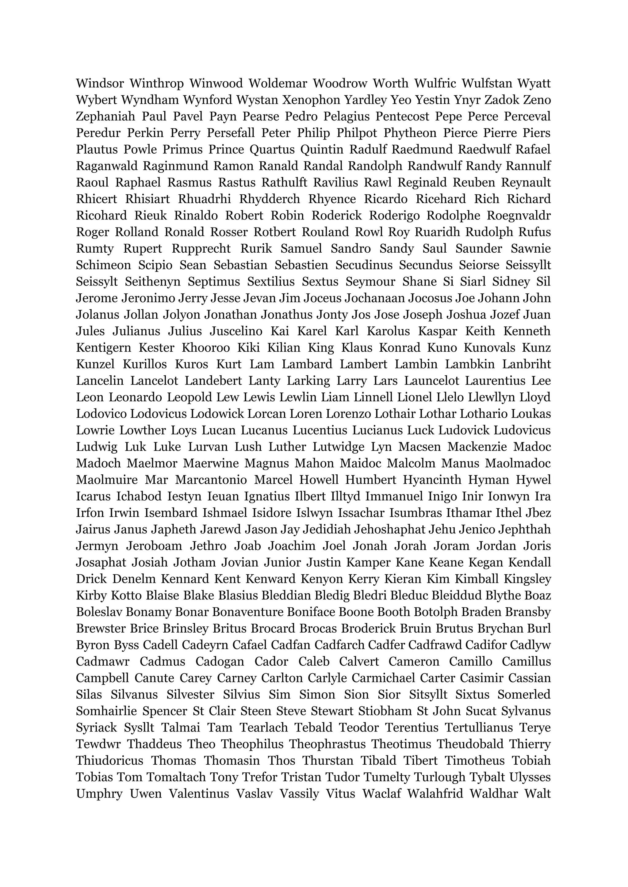 Windsor Winthrop Winwood Woldemar Woodrow Worth Wulfric Wulfstan Wyatt
Wybert Wyndham Wynford Wystan Xenophon Yardley Yeo Yestin Ynyr Zadok Zeno
Zephaniah Paul Pavel Payn Pearse Pedro Pelagius Pentecost Pepe Perce Perceval
Peredur Perkin Perry Persefall Peter Philip Philpot Phytheon Pierce Pierre Piers
Plautus Powle Primus Prince Quartus Quintin Radulf Raedmund Raedwulf Rafael
Raganwald Raginmund Ramon Ranald Randal Randolph Randwulf Randy Rannulf
Raoul Raphael Rasmus Rastus Rathulft Ravilius Rawl Reginald Reuben Reynault
Rhicert Rhisiart Rhuadrhi Rhydderch Rhyence Ricardo Ricehard Rich Richard
Ricohard Rieuk Rinaldo Robert Robin Roderick Roderigo Rodolphe Roegnvaldr
Roger Rolland Ronald Rosser Rotbert Rouland Rowl Roy Ruaridh Rudolph Rufus
Rumty Rupert Rupprecht Rurik Samuel Sandro Sandy Saul Saunder Sawnie
Schimeon Scipio Sean Sebastian Sebastien Secudinus Secundus Seiorse Seissyllt
Seissylt Seithenyn Septimus Sextilius Sextus Seymour Shane Si Siarl Sidney Sil
Jerome Jeronimo Jerry Jesse Jevan Jim Joceus Jochanaan Jocosus Joe Johann John
Jolanus Jollan Jolyon Jonathan Jonathus Jonty Jos Jose Joseph Joshua Jozef Juan
Jules Julianus Julius Juscelino Kai Karel Karl Karolus Kaspar Keith Kenneth
Kentigern Kester Khooroo Kiki Kilian King Klaus Konrad Kuno Kunovals Kunz
Kunzel Kurillos Kuros Kurt Lam Lambard Lambert Lambin Lambkin Lanbriht
Lancelin Lancelot Landebert Lanty Larking Larry Lars Launcelot Laurentius Lee
Leon Leonardo Leopold Lew Lewis Lewlin Liam Linnell Lionel Llelo Llewllyn Lloyd
Lodovico Lodovicus Lodowick Lorcan Loren Lorenzo Lothair Lothar Lothario Loukas
Lowrie Lowther Loys Lucan Lucanus Lucentius Lucianus Luck Ludovick Ludovicus
Ludwig Luk Luke Lurvan Lush Luther Lutwidge Lyn Macsen Mackenzie Madoc
Madoch Maelmor Maerwine Magnus Mahon Maidoc Malcolm Manus Maolmadoc
Maolmuire Mar Marcantonio Marcel Howell Humbert Hyancinth Hyman Hywel
Icarus Ichabod Iestyn Ieuan Ignatius Ilbert Illtyd Immanuel Inigo Inir Ionwyn Ira
Irfon Irwin Isembard Ishmael Isidore Islwyn Issachar Isumbras Ithamar Ithel Jbez
Jairus Janus Japheth Jarewd Jason Jay Jedidiah Jehoshaphat Jehu Jenico Jephthah
Jermyn Jeroboam Jethro Joab Joachim Joel Jonah Jorah Joram Jordan Joris
Josaphat Josiah Jotham Jovian Junior Justin Kamper Kane Keane Kegan Kendall
Drick Denelm Kennard Kent Kenward Kenyon Kerry Kieran Kim Kimball Kingsley
Kirby Kotto Blaise Blake Blasius Bleddian Bledig Bledri Bleduc Bleiddud Blythe Boaz
Boleslav Bonamy Bonar Bonaventure Boniface Boone Booth Botolph Braden Bransby
Brewster Brice Brinsley Britus Brocard Brocas Broderick Bruin Brutus Brychan Burl
Byron Byss Cadell Cadeyrn Cafael Cadfan Cadfarch Cadfer Cadfrawd Cadifor Cadlyw
Cadmawr Cadmus Cadogan Cador Caleb Calvert Cameron Camillo Camillus
Campbell Canute Carey Carney Carlton Carlyle Carmichael Carter Casimir Cassian
Silas Silvanus Silvester Silvius Sim Simon Sion Sior Sitsyllt Sixtus Somerled
Somhairlie Spencer St Clair Steen Steve Stewart Stiobham St John Sucat Sylvanus
Syriack Sysllt Talmai Tam Tearlach Tebald Teodor Terentius Tertullianus Terye
Tewdwr Thaddeus Theo Theophilus Theophrastus Theotimus Theudobald Thierry
Thiudoricus Thomas Thomasin Thos Thurstan Tibald Tibert Timotheus Tobiah
Tobias Tom Tomaltach Tony Trefor Tristan Tudor Tumelty Turlough Tybalt Ulysses
Umphry Uwen Valentinus Vaslav Vassily Vitus Waclaf Walahfrid Waldhar Walt
 