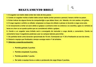 REGULAMENTO BRILÉ
1. O xogador con balón debe evitar dar máis de tres pasos.
2. Cando un xogador reciba o balón debe actua...