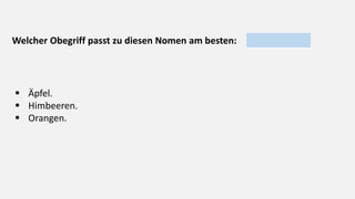 Welcher Obegriff passt zu diesen Nomen am besten:
 Äpfel.
 Himbeeren.
 Orangen.
 