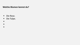 Welche Blumen kennst du?
 Die Rose.
 Die Tulpe.



 
