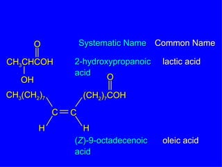 Systematic Name Common Name 2-hydroxypropanoic acid lactic acid ( Z )-9-octadecenoic acid oleic acid O CH 3 CHCOH OH O (CH 2 ) 7 COH C C H H CH 3 (CH 2 ) 7 