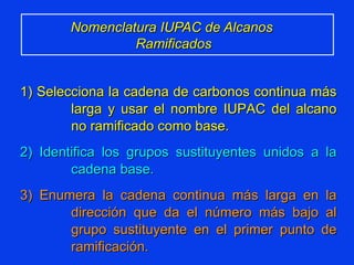 Nomenclatura IUPAC de Alcanos  Ramificados  1) Selecciona la cadena de carbonos continua más larga y usar el nombre IUPAC del alcano no ramificado como base. 2) Identifica los grupos sustituyentes unidos a la cadena base. 3) Enumera la cadena continua más larga en la dirección que da el número más bajo al grupo sustituyente en el primer punto de ramificación. 