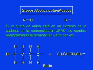 Grupos Alquilo no Ramificados Butilo o Si el punto de unión está en un extremo de la cadena, en la nomenclatura IUPAC, se nombra reemplazando la terminación – ano  por -i lo . R H R CH 3 CH 2 CH 2 CH 2 C C H H H H H C C H H H H 