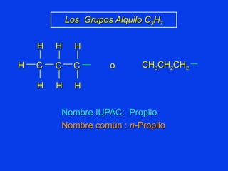 Nombre IUPAC:  Propilo Nombre común :  n -Propilo Los  Grupos Alquilo C 3 H 7 CH 3 CH 2 CH 2 C C H H H H H C H H o 