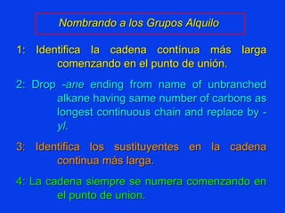 Nombrando a los Grupos Alquilo  1: Identifica la cadena contínua más larga comenzando en el punto de unión. 2: Drop - ane  ending from name of unbranched alkane having same number of carbons as longest continuous chain and replace by - yl . 3: Identifica los sustituyentes en la cadena continua más larga. 4: La cadena siempre se numera comenzando en el punto de union. 