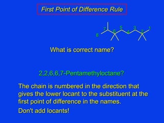 First Point of Difference Rule The chain is numbered in the direction that gives the lower locant to the substituent at the first point of difference in the names. Don't add locants! 2,2,6,6,7-Pentamethyloctane? What is correct name? 8 7 6 5 4 3 2 1 