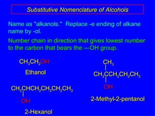 Name as "alkanols."  Replace -e ending of alkane name by -ol. Number chain in direction that gives lowest number to the carbon that bears the —OH group. Substitutive Nomenclature of Alcohols CH 3 CH 2 OH Ethanol 2-Hexanol 2-Methyl-2-pentanol CH 3 CHCH 2 CH 2 CH 2 CH 3 OH CH 3 CCH 2 CH 2 CH 3 OH CH 3 