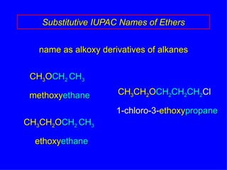 name as alkoxy derivatives of alkanes Substitutive IUPAC Names of Ethers CH 3 O CH 2  CH 3 methoxy ethane CH 3 CH 2 O CH 2  CH 3 ethoxy ethane CH 3 CH 2 O CH 2 CH 2 CH 2 Cl 1-chloro-3- ethoxy propane 