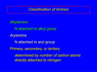 Alkylamine N attached to alkyl group Arylamine N attached to aryl group Primary, secondary, or tertiary determined by number of carbon atoms  directly attached to nitrogen Classification of Amines 