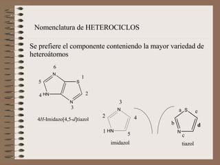 Nomenclatura de HETEROCICLOS   Se prefiere el componente conteniendo la mayor variedad de heteroátomos       imidazol tiazol 