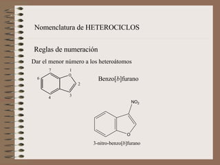 Nomenclatura de HETEROCICLOS Reglas de numeración Dar el menor número a los heteroátomos   