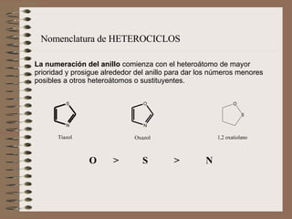 Nomenclatura de HETEROCICLOS La numeración del anillo  comienza con el heteroátomo de mayor prioridad y prosigue alrededor del anillo para dar los números menores posibles a otros heteroátomos o sustituyentes.   O  >  S  >  N 