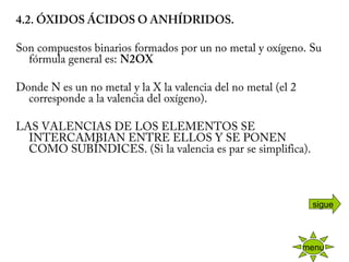 4.2. ÓXIDOS ÁCIDOS O ANHÍDRIDOS.
 
Son compuestos binarios formados por un no metal y oxígeno. Su
fórmula general es: N2OX
 
Donde N es un no metal y la X la valencia del no metal (el 2
corresponde a la valencia del oxígeno).
 
LAS VALENCIAS DE LOS ELEMENTOS SE
INTERCAMBIAN ENTRE ELLOS Y SE PONEN
COMO SUBÍNDICES. (Si la valencia es par se simplifica).
 
menu
sigue
 