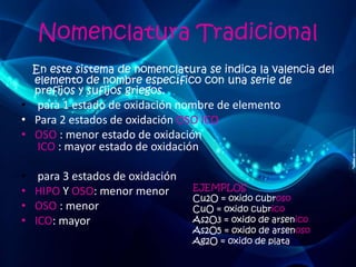 Nomenclatura Tradicional 
En este sistema de nomenclatura se indica la valencia del 
elemento de nombre específico con una serie de 
prefijos y sufijos griegos. 
• para 1 estado de oxidación nombre de elemento 
• Para 2 estados de oxidación OSO ICO 
• OSO : menor estado de oxidación 
ICO : mayor estado de oxidación 
• para 3 estados de oxidación 
• HIPO Y OSO: menor menor 
• OSO : menor 
• ICO: mayor 
EJEMPLOS 
Cu2O = oxido cubroso 
CuO = oxido cubrico 
As2O3 = oxido de arsenico 
As2O5 = oxido de arsenoso 
Ag2O = oxido de plata 
 
