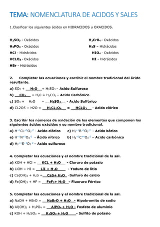 TEMA: NOMENCLATURA DE ACIDOS Y SALES
1.Clasificar los siguientes ácidos en HIDRACIDOS u OXACIDOS.
H2SO3 - Oxácidos H2Cr04 - Oxácidos
H3PO4 - Oxácidos H2S – Hidrácidos
HCl - Hidrácidos HIO4 - Oxácidos
HCLO3 - Oxácidos HI - Hidrácidos
HBr - Hidrácidos
2. Completar las ecuaciones y escribir el nombre tradicional del ácido
resultante.
a) SO2 + __H2O__= H2SO3 – Acido Sulfuroso
b) __CO2__ + H20 = H2CO3 – Acido Carbónico
c) SO3 + H2O = __H2SO4__ - Acido Sulfúrico
d) CL2O5 + H2O = __H2CL2O6__ = __HCLO3__ - Acido clórico
3. Escribir los números de oxidación de los elementos que componen los
siguientes ácidos oxácidos y su nombre tradicional.
a) H+1CL+5O3
-2 - Acido clórico c) H3
+1B+3O3
-2 – Acido bórico
e) H+1N+5O3
-2 - Ácido nítrico b) H2
+1C+4O3
-2 – Acido carbónico
d) H2
+1S+4O3
-2 – Acido sulfuroso
4. Completar las ecuaciones y el nombre tradicional de la sal.
a) KOH + HCl = __KCL + H2O__ - Cloruro de potasio
b) LiOH + HI = __LiI + H2O___ - Yoduro de litio
c) Ca(OH)2 + H2S =__CaS+ H2O -Sulfuro de calcio
d) Fe(OH)3 + HF = __FeF3+ H2O_ - Fluoruro Férrico
5. Completar las ecuaciones y el nombre tradicional de la sal.
a) NaOH + HBrO = __NaBrO + H2O_ - Hipobromito de sodio
b) Al(OH)3 + H3PO4 = __AlPO4 + H2O - Fosfato de aluminio
c) KOH + H2SO3 = __K2SO3 + H2O___ - Sulfito de potasio
 