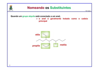 DQOI - UFC Prof. Nunes
4
Nomeando os SubstituintesNomeando os Substituintes
Quando um grupo alquila está conectado a um anel,
 o anel é geralmente tratado como o cadeia
principal
etila
propila metila
 