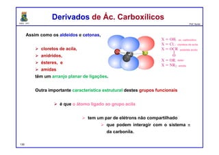 DQOI - UFC Prof. Nunes
Assim como os aldeídos e cetonas,
 cloretos de acila,
 anidridos,
 ésteres, e
 amidas
têm um arranjo planar de ligações.
Outra importante característica estrutural destes grupos funcionais
 é que o átomo ligado ao grupo acila
 tem um par de elétrons não compartilhado
 que podem interagir com o sistema p
da carbonila.
Derivados de Ác. CarboxílicosDerivados de Ác. Carboxílicos
cloretos de acila
ac. carboxílico
anidrido ácido
éster
amida
139
 