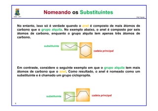 DQOI - UFC Prof. Nunes
4
Nomeando os SubstituintesNomeando os Substituintes
No entanto, isso só é verdade quando o anel é composto de mais átomos de
carbono que o grupo alquila. No exemplo abaixo, o anel é composto por seis
átomos de carbono, enquanto o grupo alquila tem apenas três átomos de
carbono.
Em contraste, considere o seguinte exemplo em que o grupo alquila tem mais
átomos de carbono que o anel. Como resultado, o anel é nomeado como um
substituinte e é chamado um grupo ciclopropila.
propila
cadeia principal
substituinte
cadeia principalsubstituinte
 