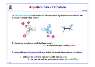 DQOI - UFC Prof. Nunes
Os orbitais atômicos envolvidos na formação das ligações da metilamina são
mostrados mostrados abaixo:
O nitrogênio e carbono são hibridizados sp3,
 e são unidos por uma ligação s.
O par de elétrons não compartilhado sobre o nitrogênio ocupa um orbital sp3.
 este par de elétrons está envolvido nas reações
 em que as aminas agem como bases ou nucleófilos.
Alquilaminas - EstruturaAlquilaminas - Estrutura
145
 