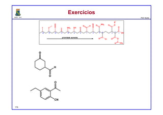 DQOI - UFC Prof. Nunes
ExercíciosExercícios
174
O
N
O H
OHNH2OF
C
C
NH2O
O Cl
C
O O
C
O CH3
C
OH
OC
OO
R
1
1
2
3456789
prioridade aumenta
1011121314
O
O
H
3-oxocicloexano-1-carbaldeído
2-acetil-4-etilbenzonitrila
 