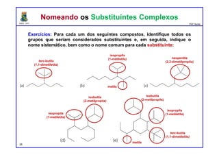 DQOI - UFC Prof. Nunes
Exercícios: Para cada um dos seguintes compostos, identifique todos os
grupos que seriam considerados substituintes e, em seguida, indique o
nome sistemático, bem como o nome comum para cada substituinte:
28
Nomeando os Substituintes ComplexosNomeando os Substituintes Complexos
terc-butila
(1,1-dimetiletila)
isopropila
(1-metiletila)
metila
neopentila
(2,2-dimetilpropila)
isopropila
(1-metiletila)
isobutila
(2-metilpropila)
isobutila
(2-metilpropila)
isopropila
(1-metiletila)
terc-butila
(1,1-dimetiletila)
metila
 