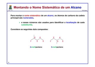 DQOI - UFC Prof. Nunes
Para montar o nome sistemático de um alcano, os átomos de carbono da cadeia
principal são numerados,
 e esses números são usados para identificar a localização de cada
substituinte.
Considere os seguintes dois compostos:
Montando o Nome Sistemático de um AlcanoMontando o Nome Sistemático de um Alcano
18
2-metilpentano 3-metilpentano
 