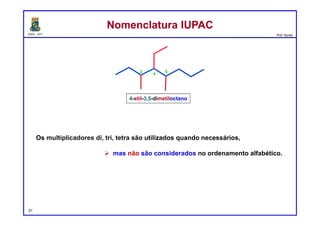 DQOI - UFC Prof. Nunes
Os multiplicadores di, tri, tetra são utilizados quando necessários,
 mas não são considerados no ordenamento alfabético.
Nomenclatura IUPACNomenclatura IUPAC
4-etil-3,5-dimetiloctano
31
53
4
 