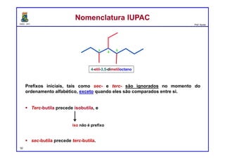 DQOI - UFC Prof. Nunes
Prefixos iniciais, tais como sec- e terc- são ignorados no momento do
ordenamento alfabético, exceto quando eles são comparados entre si.
 Terc-butila precede isobutila, e
 sec-butila precede terc-butila.
Nomenclatura IUPACNomenclatura IUPAC
iso não é prefixo
32
4-etil-3,5-dimetiloctano
53
4
 