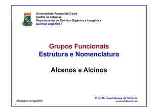 DQOI - UFC Prof. Nunes
Grupos Funcionais
Estrutura e Nomenclatura
Alcenos e Alcinos
Universidade Federal do Ceará
Centro de Ciências
Departamento de Química Orgânica e Inorgânica
Química Orgânica I
Prof. Dr. José Nunes da Silva Jr.
nunes.ufc@gmail.comAtualizado em Ago/2018
1
 