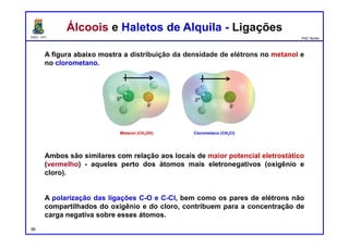 DQOI - UFC Prof. Nunes
Álcoois e Haletos de Alquila - LigaçõesÁlcoois e Haletos de Alquila - Ligações
A figura abaixo mostra a distribuição da densidade de elétrons no metanol e
no clorometano.
Ambos são similares com relação aos locais de maior potencial eletrostático
(vermelho) - aqueles perto dos átomos mais eletronegativos (oxigênio e
cloro).
A polarização das ligações C-O e C-Cl, bem como os pares de elétrons não
compartilhados do oxigênio e do cloro, contribuem para a concentração de
carga negativa sobre esses átomos.
Metanol (CH3OH) Clorometano (CH3Cl)
d+
d-
d+
d-
86
 