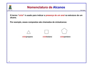 DQOI - UFC Prof. Nunes
O termo “ciclo” é usado para indicar a presença de um anel na estrutura de um
alcano.
Por exemplo, esses compostos são chamados de cicloalcanos:
4
Nomenclatura de AlcanosNomenclatura de Alcanos
ciclopropano ciclobutano ciclopentano
 
