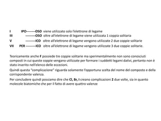 I IPO--------OSO viene utilizzato solo l’elettrone di legame
III ---------OSO oltre all’elettrone di legame viene utilizzata 1 coppia solitaria
V ---------ICO oltre all’elettrone di legame vengono utilizzate 2 due coppie solitarie
VII PER ---------ICO oltre all’elettrone di legame vengono utilizzate 3 due coppie solitarie.
Teoricamente anche F possiede tre coppie solitarie ma sperimentalmente non sono conosciuti
composti in cui queste coppie vengano utilizzate per formare i suddetti legami dativi, pertanto non è
stato inserito nell’elenco delle eccezioni.
Quindi questa “complicazione” riguarda solamente l’opportuna scelta del nome del composto e della
corrispondente valenza.
Per concludere quindi possiamo dire che Cl, Br, I creano complicazioni 2 due volte, sia in quanto
molecole biatomiche che per il fatto di avere quattro valenze
 