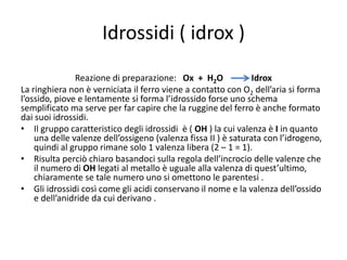 Idrossidi ( idrox )
Reazione di preparazione: Ox + H2O Idrox
La ringhiera non è verniciata il ferro viene a contatto con O2 dell’aria si forma
l’ossido, piove e lentamente si forma l’idrossido forse uno schema
semplificato ma serve per far capire che la ruggine del ferro è anche formato
dai suoi idrossidi.
• Il gruppo caratteristico degli idrossidi è ( OH ) la cui valenza è I in quanto
una delle valenze dell’ossigeno (valenza fissa II ) è saturata con l’idrogeno,
quindi al gruppo rimane solo 1 valenza libera (2 – 1 = 1).
• Risulta perciò chiaro basandoci sulla regola dell’incrocio delle valenze che
il numero di OH legati al metallo è uguale alla valenza di quest’ultimo,
chiaramente se tale numero uno si omettono le parentesi .
• Gli idrossidi così come gli acidi conservano il nome e la valenza dell’ossido
e dell’anidride da cui derivano .
 