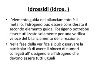 Idrossidi (idrox. )
• L’elemento guida nel bilanciamento è il
metallo, l’idrogeno può essere considerato il
secondo elemento guida, l’ossigeno potrebbe
essere utilizzato solamente per una verifica
veloce del bilanciamento della reazione.
• Nella fase della verifica si può osservare la
particolarità di avere il blocco di numeri
collegati all’ ossigeno e all’idrogeno che
devono essere tutti uguali
 