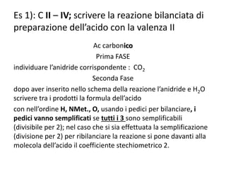 Es 1): C II – IV; scrivere la reazione bilanciata di
preparazione dell’acido con la valenza II
Ac carbonico
Prima FASE
individuare l’anidride corrispondente : CO2
Seconda Fase
dopo aver inserito nello schema della reazione l’anidride e H2O
scrivere tra i prodotti la formula dell’acido
con nell’ordine H, NMet., O, usando i pedici per bilanciare, i
pedici vanno semplificati se tutti i 3 sono semplificabili
(divisibile per 2); nel caso che si sia effettuata la semplificazione
(divisione per 2) per ribilanciare la reazione si pone davanti alla
molecola dell’acido il coefficiente stechiometrico 2.
 