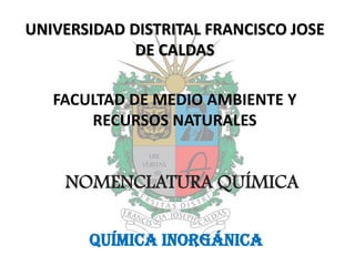 Química INORGÁNICA
UNIVERSIDAD DISTRITAL FRANCISCO JOSE
DE CALDAS
FACULTAD DE MEDIO AMBIENTE Y
RECURSOS NATURALES
NOMENCLATURA QUÍMICA
 