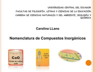 Carolina LLano
Nomenclatura de Compuestos Inorgánicos
UNIVERSIDAD CENTRAL DEL ECUADOR
FACULTAD DE FILOSOFÍA, LETRAS Y CIENCIAS DE LA EDUCACIÓN
CARRERA DE CIENCIAS NATURALES Y DEL AMBIENTE, BIOLOGÍA Y
QUÍMICA
 