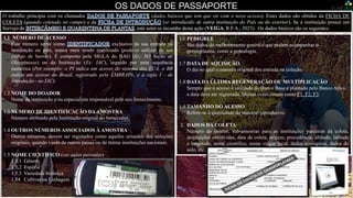 OS DADOS DE PASSAPORTE
1.1 NÚMERO DE ACESSO
Este número serve como exclusivo da sua entrada na
instituição ou país, nunca mais sendo reutilizado (pode-se utilizar de um
código de barras). É composto pela SIGLA do BAG (Ex: SO Seção de
Oleaginosas) ou da Instituição (Ex: IAC), seguido por uma sequência
numérica (Por exemplo: o PI indica um acesso do sistema dos EUA, o BR
indica um acesso do Brasil, registrado pela EMBRAPA, e a sigla I - de
Introdução - no IAC).
1.2 NOME DO DOADOR
Nome da instituição e/ou especialista responsável pelo seu fornecimento.
1.3 NÚMERO DE IDENTIFICAÇÃO DAAMOSTRA
Número atribuído pela Instituição original do fornecedor.
1.4 OUTROS NÚMEROS ASSOCIADOS À AMOSTRA
Outros números, devem ser registados como aqueles oriundos das coleções
originais, quando vindo de outros países ou de outras instituições nacionais.
1.5 NOME CIENTÍFICO (ver aulas passadas)
1.5.1 Gênero
1.5.2 Espécie
1.5.3 Variedade botânica
1.54 Cultivar ou Linhagem
Foto: O Geógrafo Glocimar Pereira da SILVA (CENARGEN/EMBRAPA) e o Eng.Agr; Renato Veiga (IAC) - Expedição de coleta de germoplasma de amendoim, no Norte do Brasil.
O trabalho principia com os chamados (dados básicos que tem que vir com o novo acesso). Estes dados são obtidos da FICHA DE
COLETA (quando coletado no campo) e da (se introduzido de outra instituição do País ou do exterior). Se a instituição possui um
Serviço de , este setor se incumbe desta ação (VEIGA, R.F.A., 2023). Os dados básicos são os seguintes:
1.6 PEDIGREE.
São dados do melhoramento genético que podem acompanhar o
germoplasma, como a genealogia.
1.7 DATA DE AQUISIÇÃO.
O dia no qual a amostra original deu entrada na coleção.
1.8 DATA DA ÚLTIMA REGENERAÇÃO OU MULTIPLICAÇÃO
Sempre que o acesso é utilizado do Banco Base e plantado pelo Banco Ativo,
a data deve ser registrada. Muitas vezes consta como F1, F2, F3.
1.9 TAMANHO DO ACESSO
Refere-se à quantidade do material reprodutivo.
2. DADOS DA COLETA
Número do coletor, sub-amostras para as instituições parceiras da coleta,
instituições envolvidas, data de coleta, origem, procedência, altitude, latitude
e longitude, nome científico, nome vulgar local, dados ecológicos, dados do
solo, etc.
 