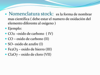 Nomenclatura stock: es la forma de nombrar
mas científica ( debe estar el numero de oxidación del
elemento diferente al oxigeno )
 Ejemplo:
 CO2 –oxido de carbono ( IV)
 CO – oxido de carbono (II)
 SO- oxido de azufre (I)
 Fe2O3 – oxido de hierro (III)
 Cl2O7 – oxido de cloro (VII)
 