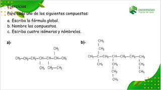Ejercicios
Para cada uno de los siguientes compuestos:
a. Escriba la fórmula global.
b. Nombre los compuestos.
c. Escriba cuatro isómeros y nómbrelos.
 