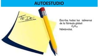 AUTOESTUDIO
Escriba todos los isómeros
de la fórmula global:
C6H14
Nómbrelos.
 