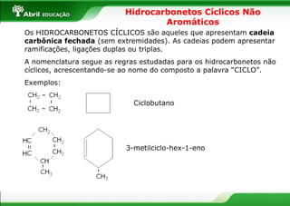 Hidrocarbonetos Cíclicos Não Aromáticos Os HIDROCARBONETOS CÍCLICOS são aqueles que apresentam  cadeia carbônica fechada  (sem extremidades). As cadeias podem apresentar ramificações, ligações duplas ou triplas. A nomenclatura segue as regras estudadas para os hidrocarbonetos não cíclicos, acrescentando-se ao nome do composto a palavra “CICLO”. Exemplos: Ciclobutano 3-metilciclo-hex-1-eno 