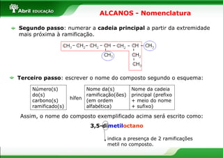 ALCANOS - Nomenclatura Segundo passo : numerar a  cadeia principal  a partir da extremidade mais próxima à ramificação. Terceiro passo : escrever o nome do composto segundo o esquema: Número(s) do(s) carbono(s) ramificado(s) hífen Nome da(s) ramificação(ões) (em ordem alfabética) Nome da cadeia principal (prefixo + meio do nome + sufixo) Assim, o nome do composto exemplificado acima será escrito como: 3,5-di metil octano indica a presença de 2 ramificações metil no composto. 